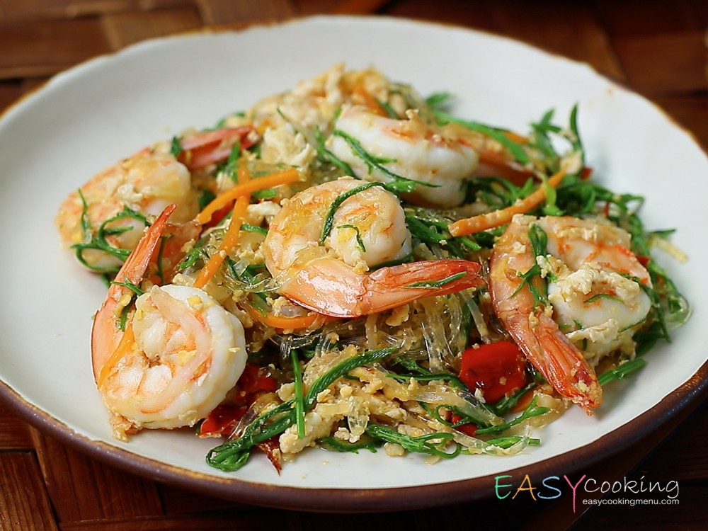 เส้นแก้วผัดชะอมกุ้งสด​
