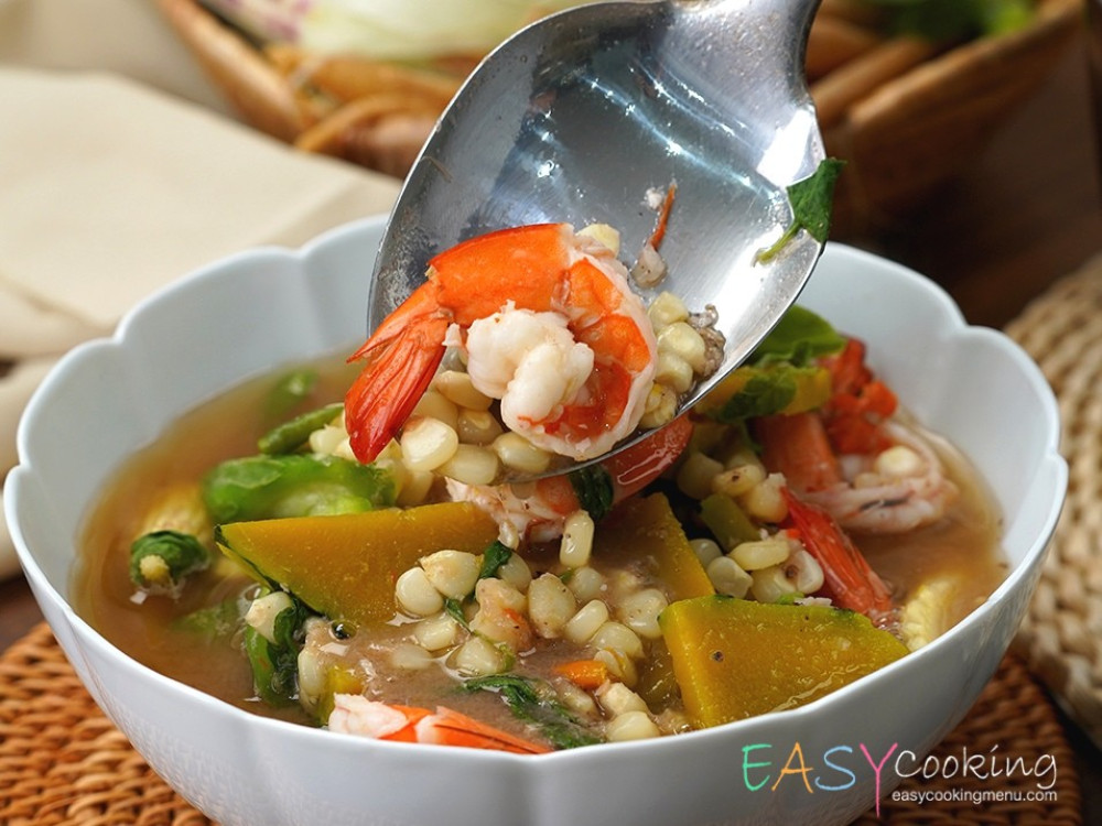 ข้าวโพดข้าวเหนียวแกงเลียงกุ้งสด