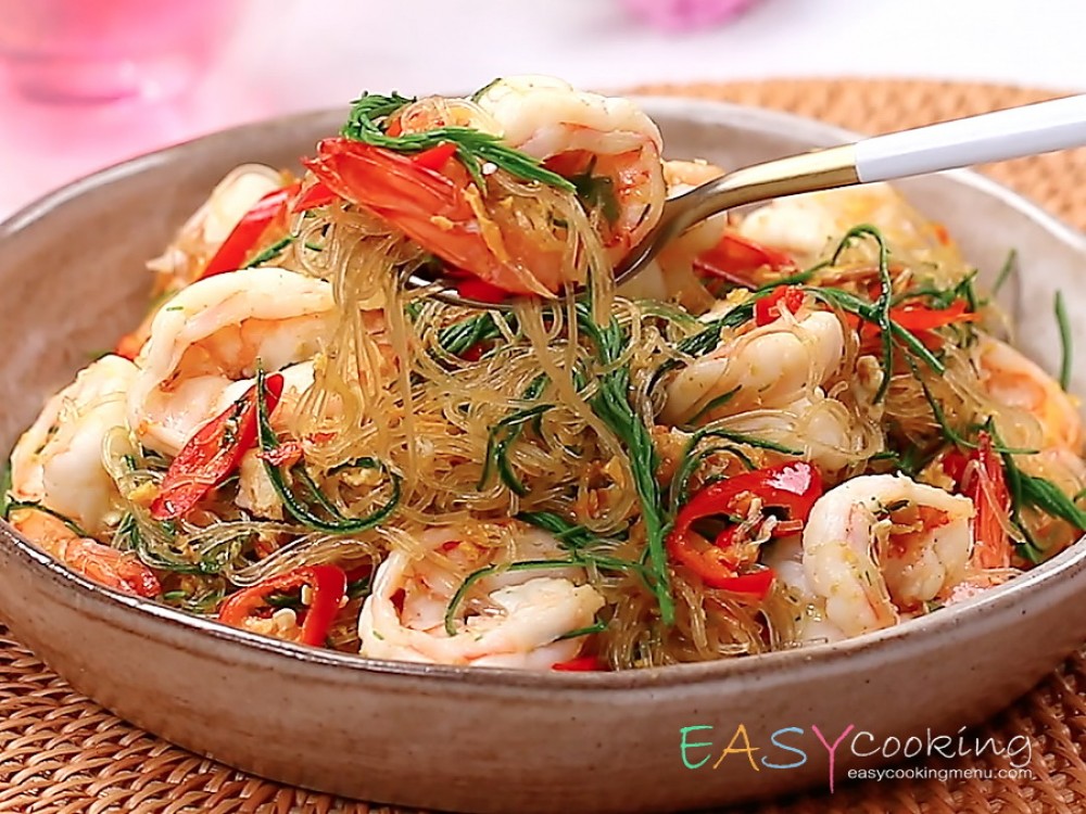 วุ้นเส้นผัดชะอมกุ้งสด